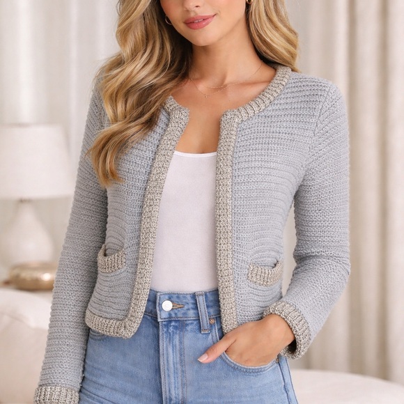 3.1 Phillip Lim metallic Trim Knit Jacket Gray Cropped Cardigan Chic Designer